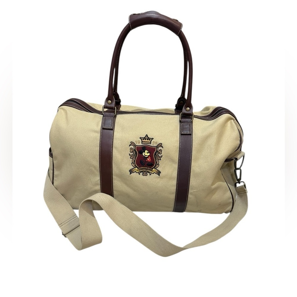 Vintage 1955 Disney Tan Canvas Duffel Bag with Leather Trim and shoulder strap